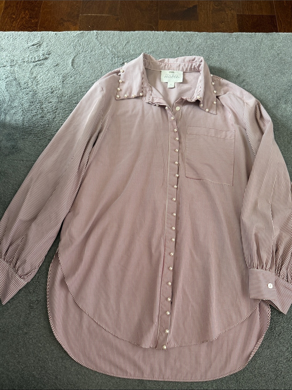 Pearl-Embellished Maroon Striped Button-Down Shirt